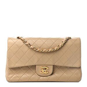 Chanel Lambskin Quilted Medium Double Flap Beige